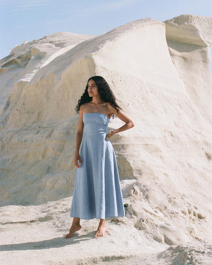 Rove byron bay strapless linen dress in powder blue